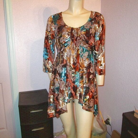 MECHANT Burnout VELVET Blouse Size L TOP Tunic 3/4 SLEEVES Asymmetrical FLOWY - Picture 1 of 11